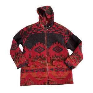 VTG Woolrich Womens Aztec Wool Hooded Jacket Size L Red Tribal Native USA 90s